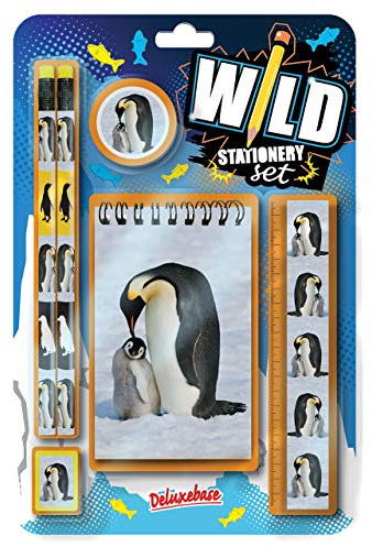 Wild Stationery Set - Pinguin von Deluxebase. Diese niedlichen Stationären Schulsets für Mädchen und Jungen enthalten 2 Bleistifte, Radiergummi, Spitzer, Lineal und Notizbuch