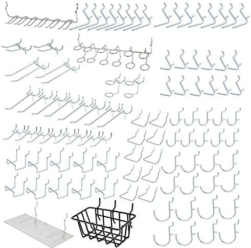 Hiltex 53108 - Juego de 100 ganchos y accesorios de metal, surtido de ganchos para tablero de clavijas, contenedores y ganchos para manualidades, organizador para garaje, ganchos de utilidad para