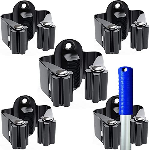 Mop Broom Holder, Mop Holder Wall Mounted Heavy Duty 5Pcs Broom Gripper Holders Hooks Sweeping Organizers Clips Hanger Brush Storage Rack for Bathroom Kitchen Office Closet Garden Garage (Black)