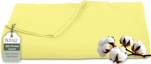 Royale Linens 300 Thread Count 100% Long Staple Combed Cotton Flat Sheet - Super Soft - Top Sheets - Twin Flat Sheet Sold Separately - Breathable, Cool & Crisp Percale Sheets Only (Twin, Yellow)
