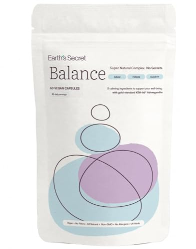 Earth's Secret Balance Stress Relief Supplement - Organic KSM-Ashwagandha - L theanine High Strength with Holy Basil & Rhodiola Rosea - 60 Capsules