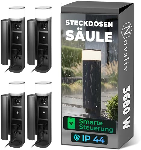 Novatool 4x Pollerleuchte außen mit Steckdose Funk 2-fach Anthrazit rund mit Blende SMART WIFI APP IP44 Steckdose Gartensteckdose Outdoor Steckdosesäule Garten Steckdosenturm