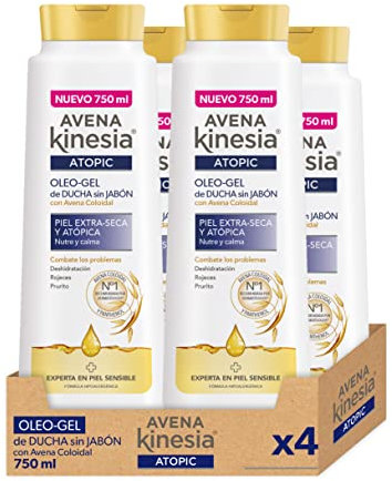 Avena Kinesia - Oleo Gel de Ducha Sin Jabón para Piel Extra Seca y Atópica, Fórmula con Aceite de Avena 100% Natural - Pack de 4 x 750 ml