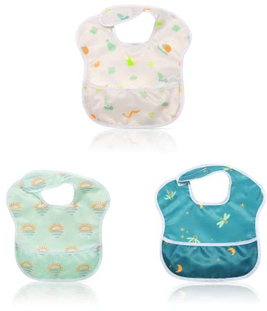 Little Dimsum Baby Lätzchen 3er Set,Wasserdichte Babylätzchen mit Ärmeln & Auffangtasche, Verstellbarer Klettverschluss, Für Babys 6-36 Monate (Maschinenwaschbar)