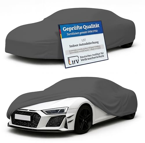 LST Autoabdeckung Indoor – lackschonende und Dehnbare Autogarage. Car Cover Innenbereich für Autohäuser und Endverbraucher. Auto Abdeckplane schützt vor Sonne, Staub. (Grau, S (380x125x120cm))