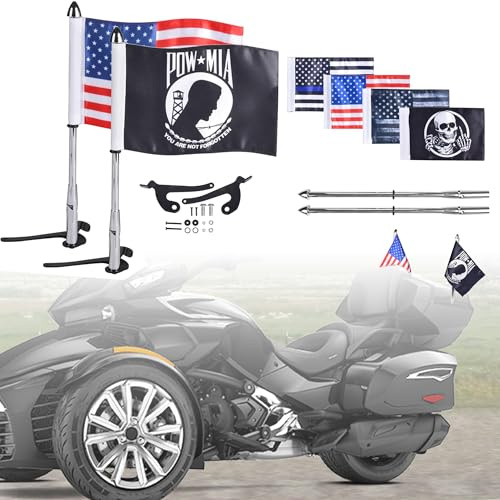 Sresk Fahnenmasten für Spyder F3-L(2017+)/RT L(2020+) | Can-Am Spyder-Zubehör, 2 Stück, 90° klappbar, Chrom, Fahnenmasten mit 6 Flaggen (links + rechts)