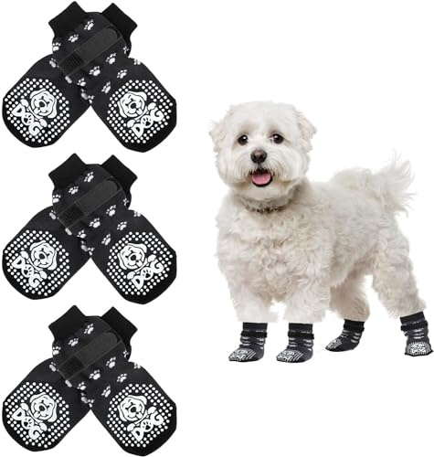 Mfsdai 3 Paar Anti Rutsch Socken für Hunde Hundesocken Schuhe Hund Outdoor mit Klettverschlus,Hundeschuhe Pfotenschutz für Hartholzböden für Kleine Mittlere und Große Hunde (S)