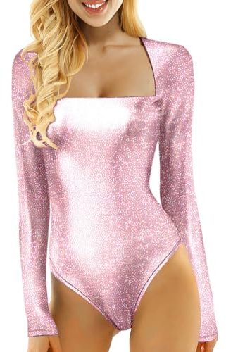 Damen Body Langarm, Metallic Ballettanzug mit Rundhals Ausschnitt, Gymnastikanzug für Ballett Sport Tanz Disko Kostüm Fasching - Diverse Größen -