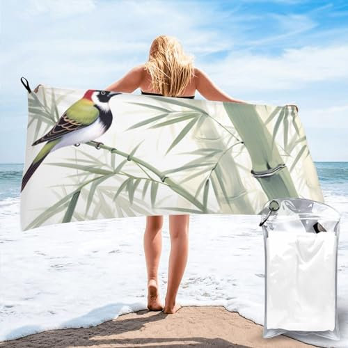 UPGENT Bamboo Bird Pattern Printed Microfiber Bath Towel 55x27.5 Inch - Quick Dry & Absorbent Beach Towels for Travel, Beach, Yoga, and Gym