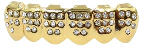 FASSME Vergoldete Zähne, vergoldete Zahnspangen mit Diamanten, glänzende Strass-Gitterabdeckungen, verkupferte goldene Zahnkappen für Partys