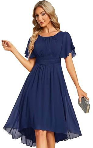 Ever-Pretty Women's Chiffon Crew Neck Pleated Waist Short Sleeve Knee-Length Wedding Guest Dress - A-Line, Plus Size 3X (US 26-28), Solid, EG02053