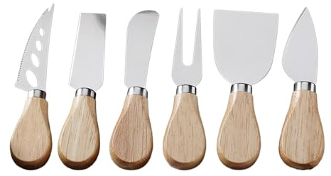 Yajuyi Juego de 6 Cuchillos para Queso, Cuchillos para, Utensilios de Cocina con Mango de Madera, Juego de Herramientas para Queso para Amantes D