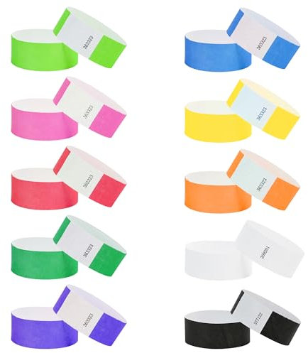 L LIKED 100 cintas de entrada de 2,5 x 25,6 cm, 10 colores de papel para eventos, resistentes al agua y a prueba de manipulaciones, pulseras de eventos para conciertos, fiestas, festivales