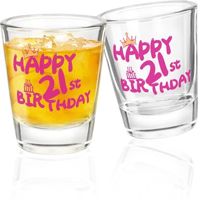 21st Birthday Shot Glass Gift Set for Her, 2 Pack with Gift Box, 1.75 Oz | 2 pink glass cups for whiskey, tequila and cocktails, ready to gift to a daughter, sister, friend or coworker turning 21