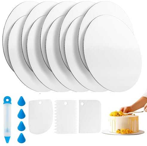 Annickee 10 Piezas Base para Tartas Ø 20 cm, Reutilizable soporte para Tartas Blanca con Espátula y Boquillas, Bandeja Carton para Tartas de 3 mm de grosor para Bodas, Cumpleaños, Fiestas
