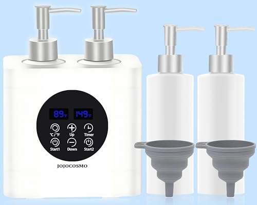 JOJOCOSMO Massage Oil Warmer, Massage Oil Warmer with Two Oil Bottle dispensers, stepless Warmer from 0 to 65 °C, Lotion Bottle Warmer Dispenser Heater，White