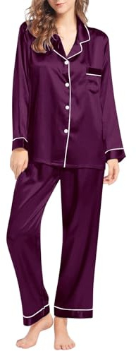 Satin pyjamas dam lång set – sidenpyjamas dam lång långärmad nattkläder med knappslå tvådelad satin nattkläder enfärgad hemmadräkt pjs överdimensionerade loungewear julpyjamas-set, lila, 5XL