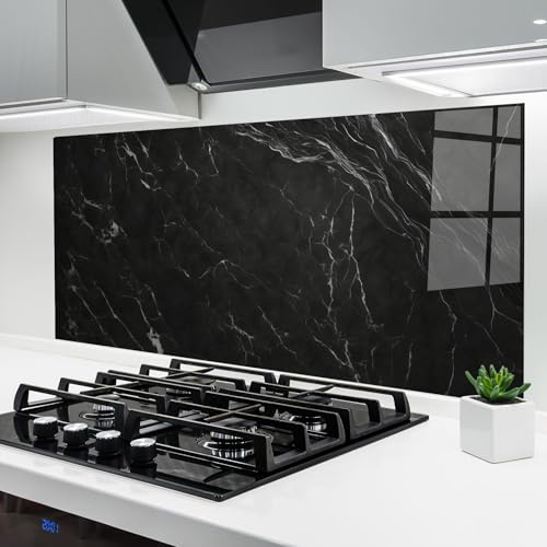 ARTHUB® Glass Kitchen Splashback 60x120 cm, Tempered Glass 4mm | Heat Resistant, Stove Splash Guard, Wall Protector, Abstract, Black Marble