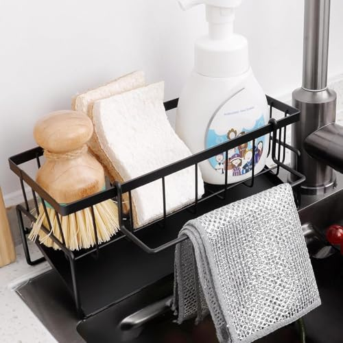 Moguxb Organizer per Lavelli da Cucina con Vaschetta Autosvuotante Supporto per Lavello in Acciaio Inox Porta Spugne da Cucina Accessori per Lavelli