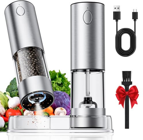 Grand moulin à sel et poivre électrique rechargeable 90,7 g automatique avec base électrique salière et poivrière avec grosseur réglable, LED, acier inoxydable argenté