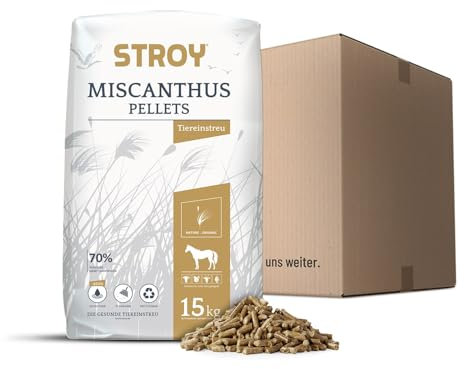 STROY Miscanthuspellets Einstreu Pellets Miscanthus Tier Streu Pellet Für Großtier Kleintier Pferde Stall Box Paddock 15kg Sack / 1 Karton Paligo