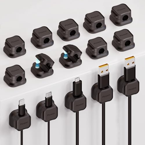 15 Pack Magnetic Cable Clip Organizer Cord Holder, Picozon Adhesive Cable Management, Wire Phone USB Charger Cable Holder Keeper Organizer for Car, Office Home Desktop, Wall, Night Table - Black