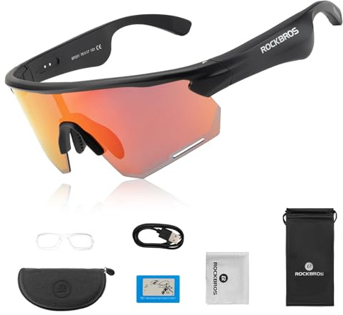 ROCKBROS Occhiali Intelligenti Bluetooth Bici, Occhiali da Sole con Apparecchi Acustici con Lenti Polarizzate Smart Glasses UV400 Open Ear Uomo Donna, per Bicicletta Corsa Guidare, Rosso
