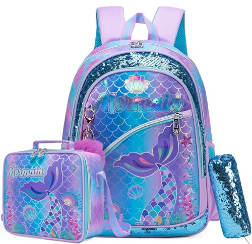 HTgroce Sac à Dos Fille Primaire, 3 en 1 Sac à Dos, Panier Repas, Trousse à Crayons, 42 x 30 x 20 cm, Bleu Mermaids Pailleté