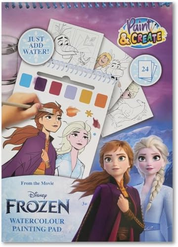 Disney Frozen akvarell målarbok – vattenfärgsmålningsblock med 24 sidor och pensel – Paint & Create, vattenfärgbok för barn – Elsa & Anna motiv (FR24355)