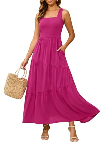 Kranda Women Vacation Summer Dresses Square Neck Tank Dress Tiered Maxi Swing Sundress with Pockets Rose Red, L