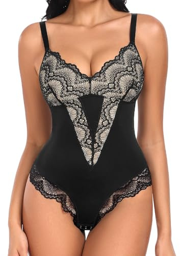 UMIPUBO Body Gainant Femme Ventre Plat Body Sculptant Femme Amincissante Gainant Corset Dentelle Col V Shapewear Lingerie Réglable Strap Combinaison Minceur Bodysuit (Noir & Peau, XXL)