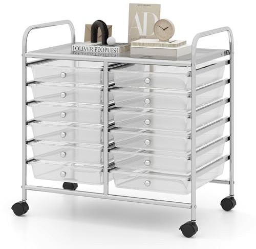 TANGZON 12 Drawers Storage Cart, Rolling Utility Cart with Lockable Wheels, Multipurpose Mobile Trolley Organizer for Home Office Stationery Beauty Salon (Transparent, 63 x 37 x 63cm)