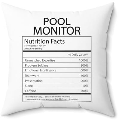 DesiDD Pool Monitor Nutrition Facts Pillow - Funny Gifts for Pool Attendant Lifeguard Employee Boss Manager Birthday Christmas Couch Living Room Bed Sofa Chair - Cover & Insert 16x16 Inch