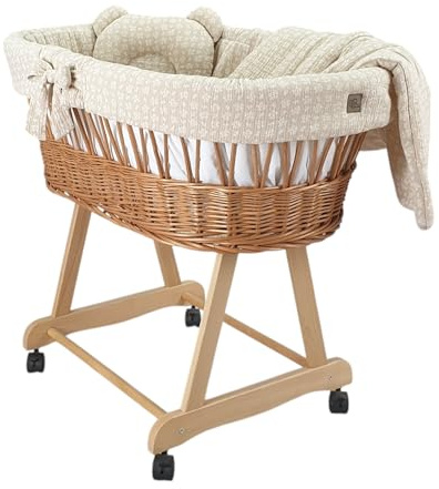 Wiklinopol Stubenwagen aus Weide mit Gestell & Matratze Amelia – Moseskorb in Natur – Set Musselin-Bettwäsche in Beige Zweige – Weidenkorb, Tragbar, Ideal für Neugeborene