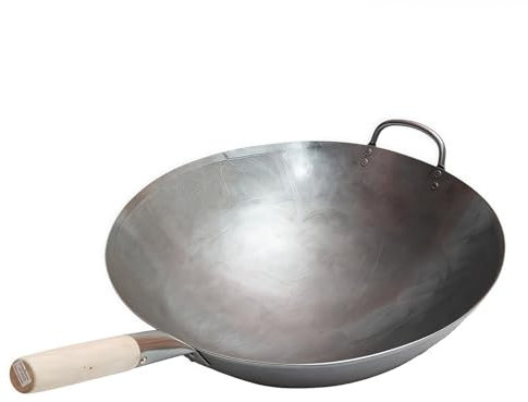 Padella in ferro battuto specifica for chef, diametro 40 cm, altezza 12,5 cm, peso 2,1 kg, spessore 1,6 mm, Wok in acciaio al carbonio martellato a mano con manico in legno e acciaio.(Diameter 40cm Co