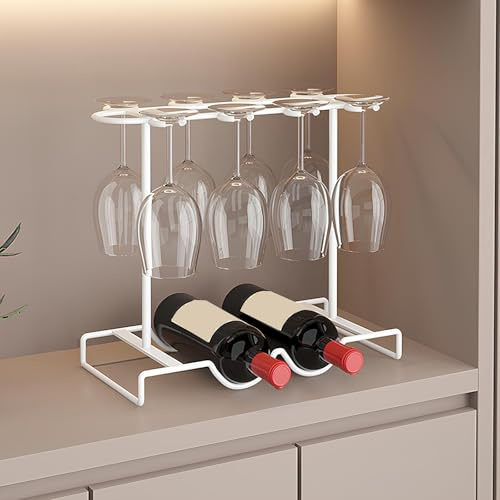 JCVCCV Portabicchieri da Vino Portabottiglie da Banco 2 Bottiglie di Vino E 8 Bicchieri Espositore Indipendente Ripiano Portaoggetti per Cucina E Bar(Bianco)