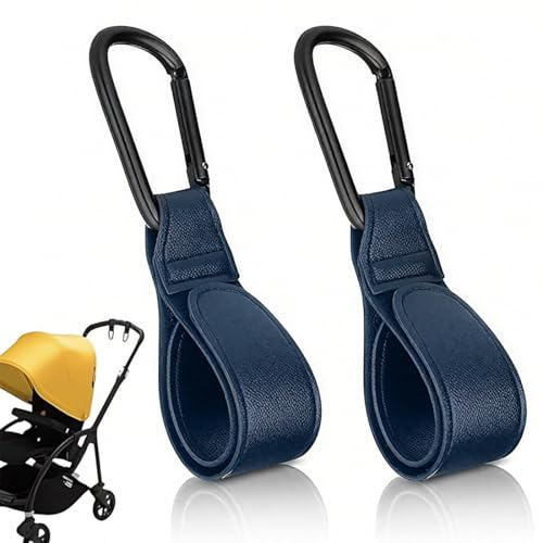 GILWUMO Set di 2 Ganci per Passeggino in Pelle PU - Accessorio Universale per Carrozzine e Borsine, Superficie Antiscivolo, Regolabile con Portata fino a 10 kg - Blu, 20 x 3 x 1 cm