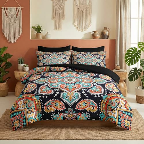 Nesker 7 Pcs Comforter Set Queen Size, Floral Paisley Mandala Bedding Set for Kids and Adults, Flower Vintage Aztec Sheets Bed Sheet Sets with Fitted Sheet 2 Pillowcases & 2 Shams