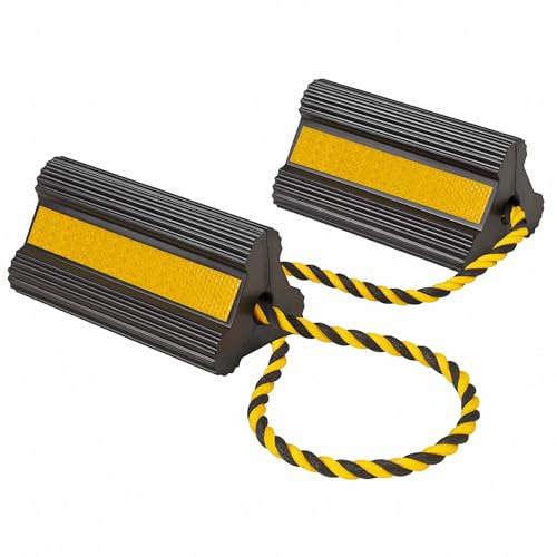 Wiltec Jeu Cale de roue de Remorque avec Cordon en Nylon 207 x 115 x 105 mm Support de roue Noir & Jaune Triangulaire Bandes réfléchissantes Camping-car Caravane Voiture Camion Auto Bloque-roue