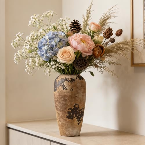 DecoVlog Rustic Ceramic Vase, 12.6 Inch Wabi Sabi Decorative Pottery Flower Vase, Vintage Neutral Vase for Centerpieces, Living Room, Shelf, Entryway, Wedding, Table Decoration