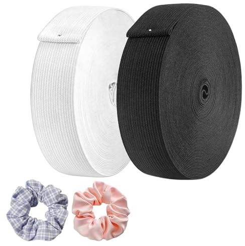 Goma Elástica para Cintura de Pantalones, Cinta Elástica para Costura y Manualidades DIY, 20 m (10m Blanca + 10m Negra), 2 Rollos de 2 cm de Ancho