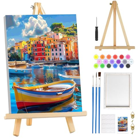 MOGTAA Bunte Boote Malen Nach Zahlen Erwachsene mit Rahmen, Landschaft Malen Nach Zahlen Mit Holzstaffelei, DIY Ölgemälde Leinwand Set Acrylic Malerei Bilder für Home Dekor, 20x30cm
