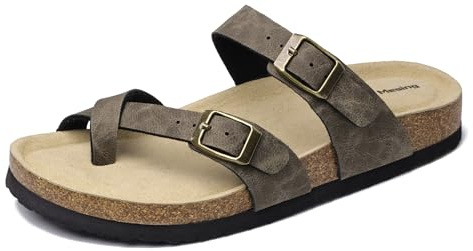 Mesing Sandalias Chanclas Mujer Hombre de Corcho Verano Tangas Mules Plana Hebilla Sandalias de Pala Cómodo Piel de Ante Pantuflas XZ901-RetroGrey1-EU39