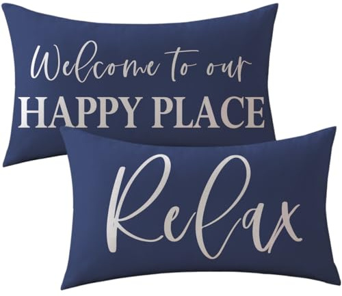 ULOVE LOVE YOURSELF Welcome to Our Happy Place Decorative Pillowcases 12x20Inch Home Relax Cushion Covers Modern Farmhouse Decor Cozy Lumbar Throw Pillow Cover 2Pack for Sofa Couch (Blue)