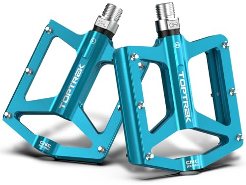 toptrek Pedaler, cykel, CNC-aluminiumcykelpedaler, halkfria med 3 förseglade lager, MTB-pedaler 9/16 tum, platta pedaler för MTB, vägcykel, BMX, trekking, gravel, e-cykel (blå)