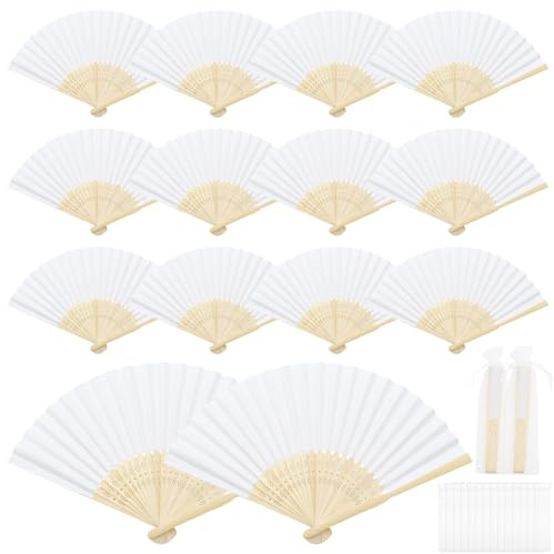 BORISCA 16 Pezzi Blanco Ventagli Bianchi Matrimonio di bambù con Borsa per Ventagli Matrimonio Bianchi Ventaglio Carta per Matrimoni, Addii al Celibato, Compleanni e Cerimonie di Laurea DIY Paper Fan