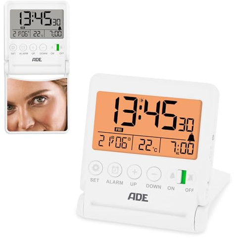 ADE Despertador digital de viaje | Reloj con indicador de temperatura | Pequeño despertador con luz | Espejo plegable integrado en la tapa | Fácil de usar | Blanco