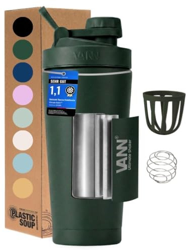 VANN Shaker Proteinshake 750ML - Thermo Shaker Edelstahl [12h kalt] | Ideal für Gym, Fitnessstudio, Sport - Schüttelbecher für Protein- und Eiweißshakes - Mikroplastik frei - Ultimate Dunkelgrün