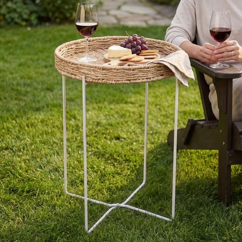 Mai & Mai Tavolino Salotto con Vassoio, Intrecciato a Mano, Bianco | Tavolino Rotondo, Vassoio Rimovibile, Telaio in Metallo Pieghevole, Tavolino Moderno per Soggiorno, Camera da Letto, Reglo-08