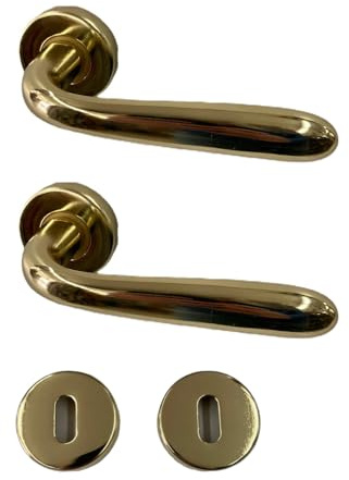 effedielle® Maniglia per Porta Completa Interno ed Esterno, con Molla di Ritorno, Disponibile in Diversi Modelli e Colori, viti di fissaggio comprese (Ottone lucido, Tonda)